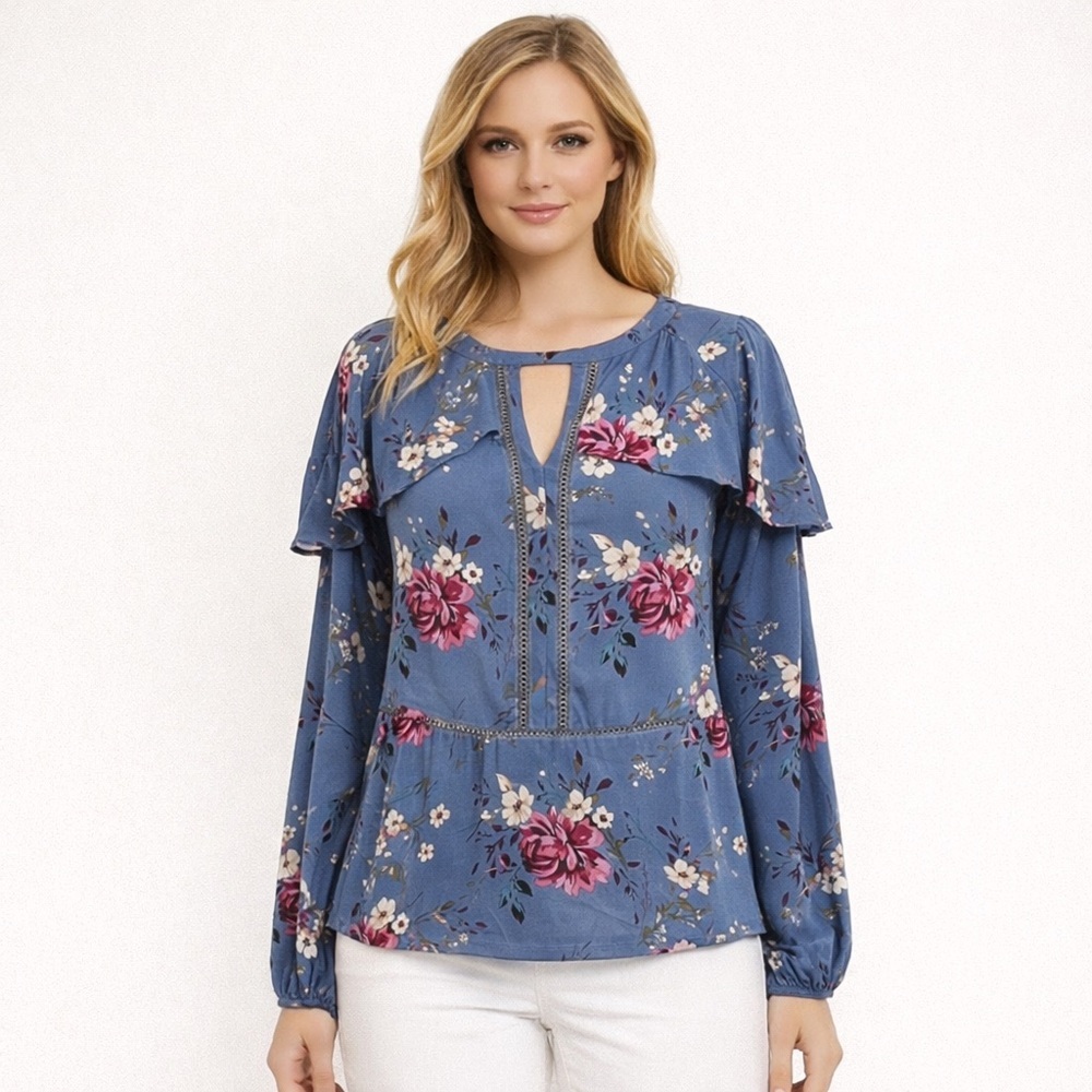White House Black Market Blue Floral Ruffle Keyhole Blouse Size XXS Long Sleeve